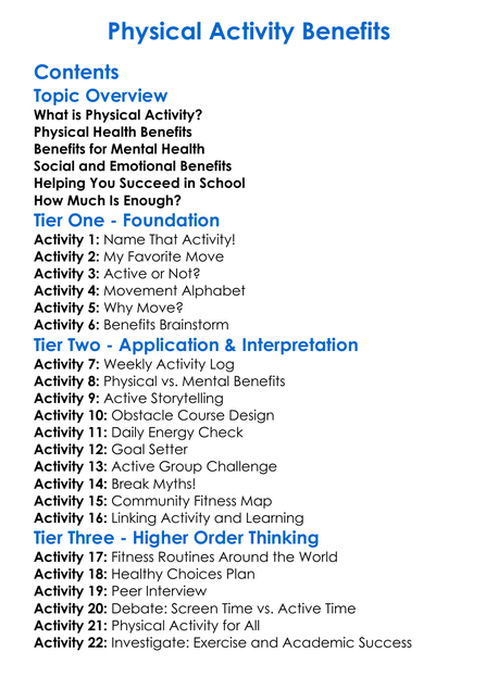 Physical Activity Benefits Worksheet Activity Booklet