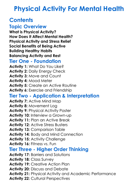 Physical Activity For Mental Health Worksheet Activity Booklet