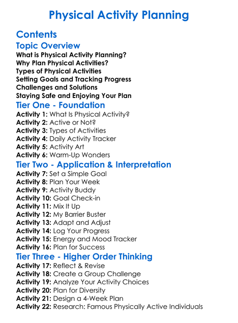 Physical Activity Planning Worksheet Activity Booklet