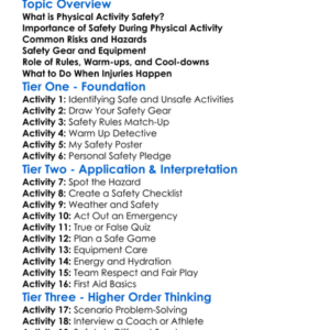 Physical Activity Safety Worksheet Activity Booklet