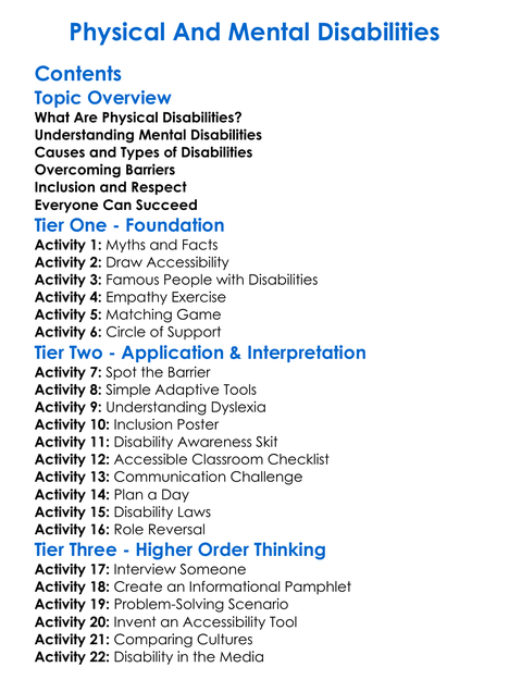 Physical And Mental Disabilities Worksheet Activity Booklet