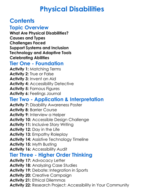 Physical Disabilities Worksheet Activity Booklet