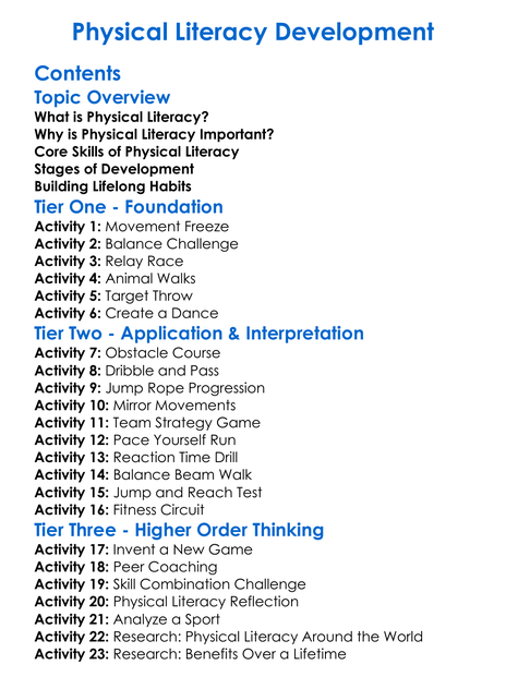 Physical Literacy Development Worksheet Activity Booklet