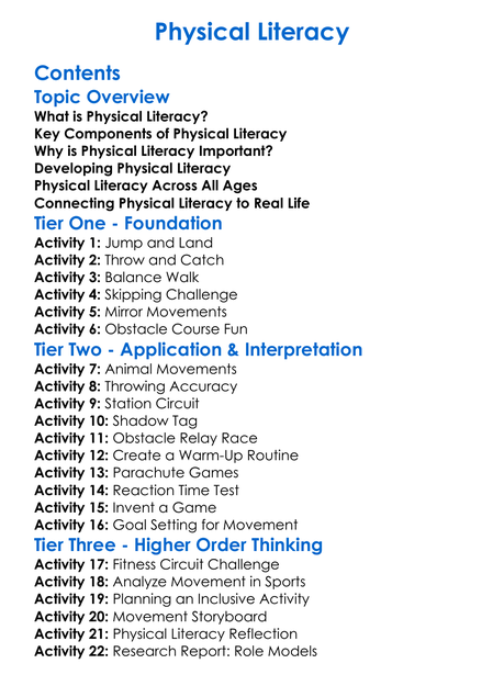Physical Literacy Worksheet Activity Booklet