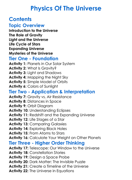 Physics Of The Universe Worksheet Activity Booklet