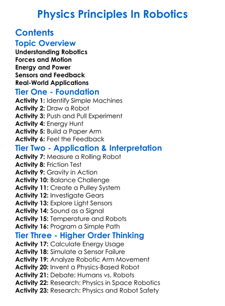 Physics Principles In Robotics Worksheet Activity Booklet