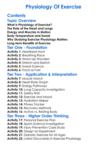 Physiology Of Exercise Worksheet Activity Booklet