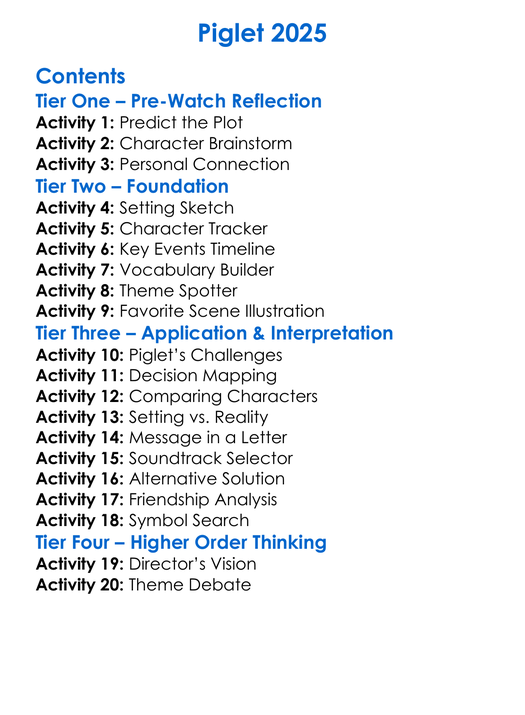 Piglet 2025 Worksheet Activity Booklet