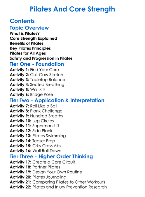 Pilates And Core Strength Worksheet Activity Booklet