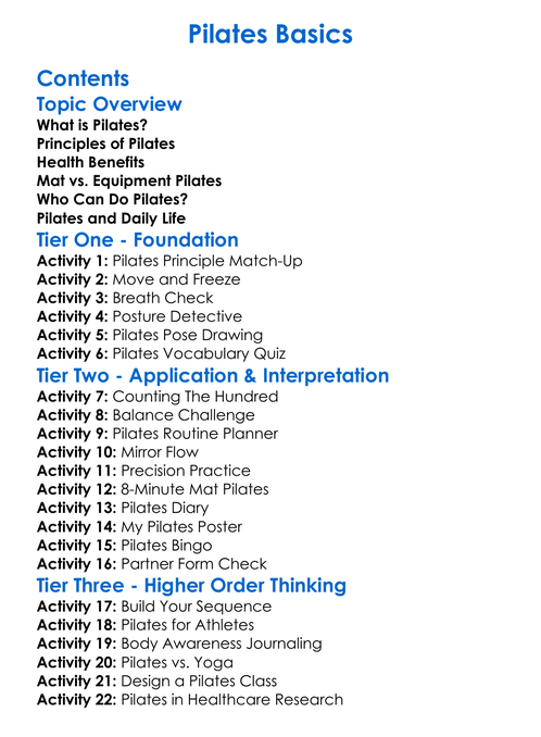 Pilates Basics Worksheet Activity Booklet
