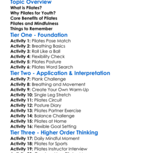Pilates For Youth Worksheet Activity Booklet
