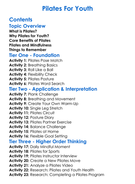 Pilates For Youth Worksheet Activity Booklet