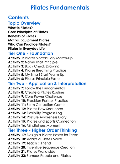 Pilates Fundamentals Worksheet Activity Booklet