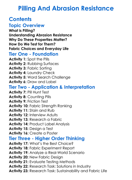 Pilling And Abrasion Resistance Worksheet Activity Booklet
