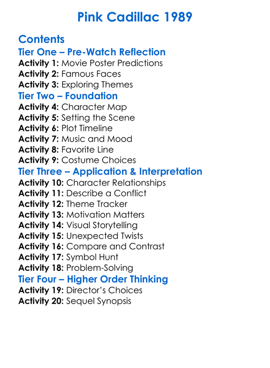 Pink Cadillac 1989 Worksheet Activity Booklet