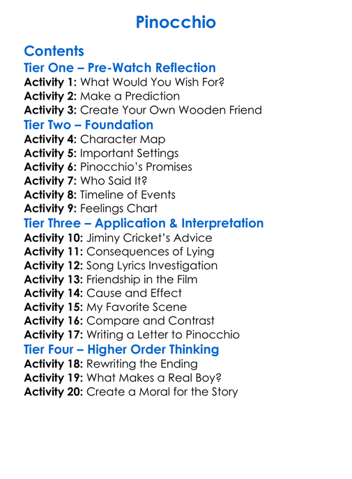 Pinocchio Worksheet Activity Booklet