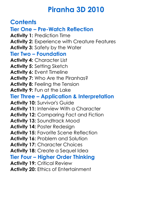 Piranha 3D 2010 Worksheet Activity Booklet