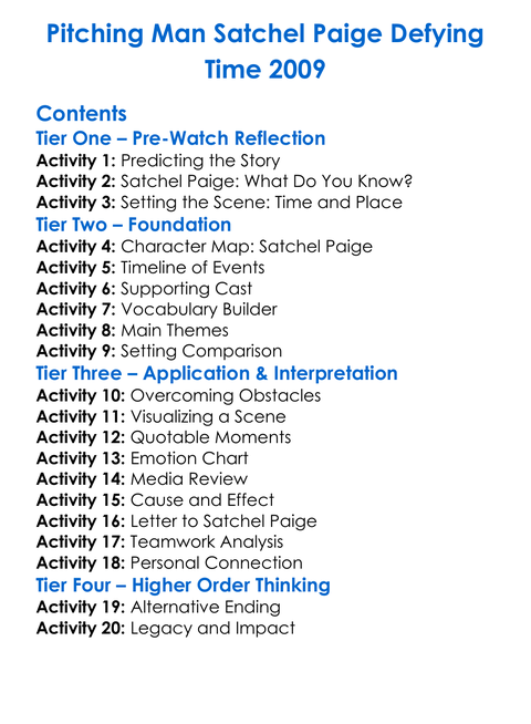 Pitching Man Satchel Paige Defying Time 2009 Worksheet Activity Booklet