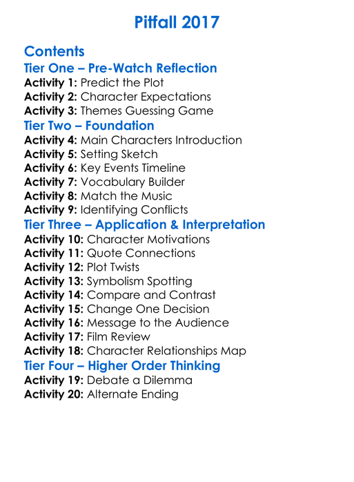 Pitfall 2017 Worksheet Activity Booklet