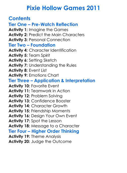 Pixie Hollow Games 2011 Worksheet Activity Booklet