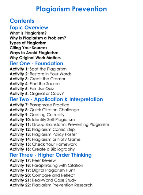 Plagiarism Prevention Worksheet Activity Booklet