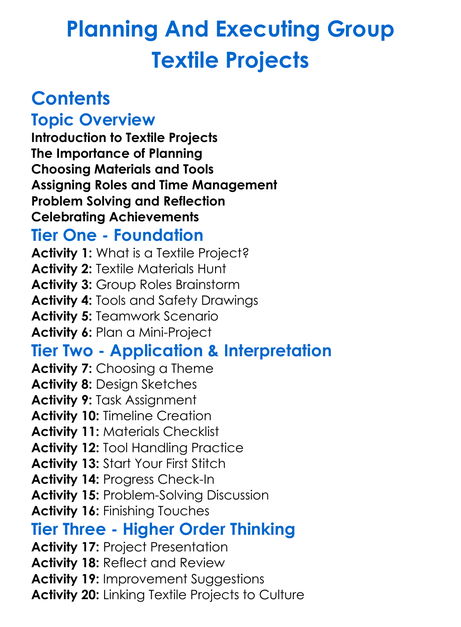 Planning And Executing Group Textile Projects Worksheet Activity Booklet