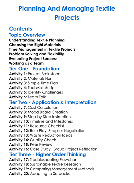 Planning And Managing Textile Projects Worksheet Activity Booklet