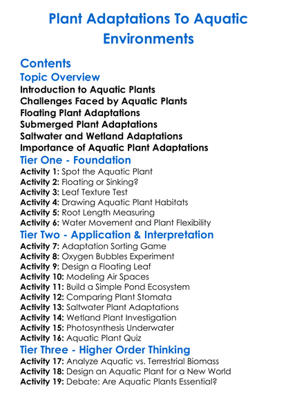 Plant Adaptations To Aquatic Environments Worksheet Activity Booklet