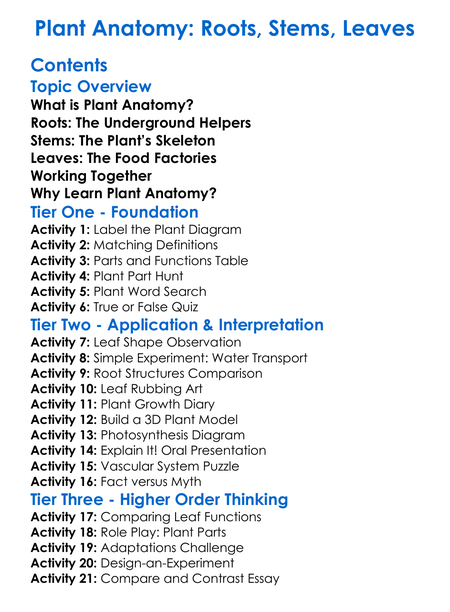 Plant Anatomy Roots Stems Leaves Worksheet Activity Booklet