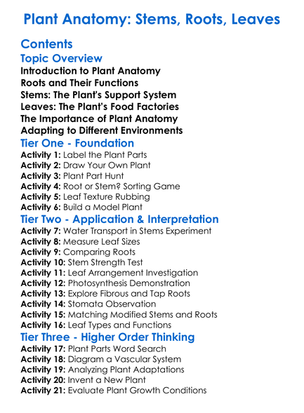 Plant Anatomy Stems Roots Leaves Worksheet Activity Booklet