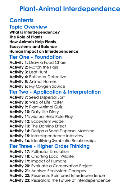 Plant-Animal Interdependence Worksheet Activity Booklet