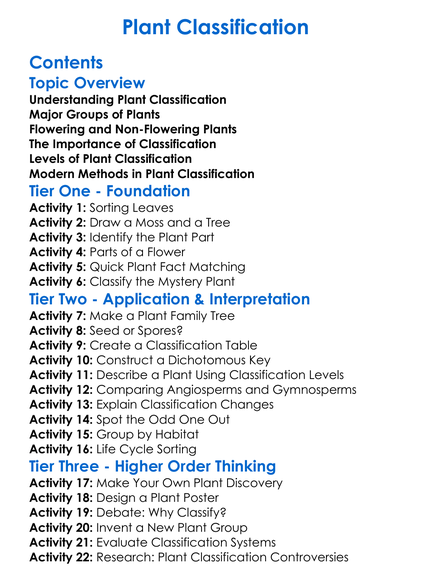 Plant Classification Worksheet Activity Booklet