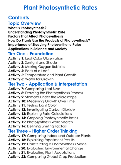 Plant Photosynthetic Rates Worksheet Activity Booklet