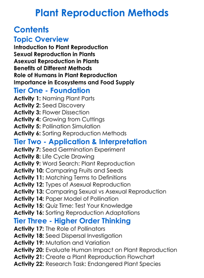 Plant Reproduction Methods Worksheet Activity Booklet
