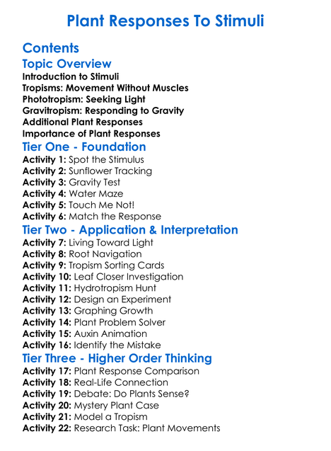 Plant Responses To Stimuli Worksheet Activity Booklet