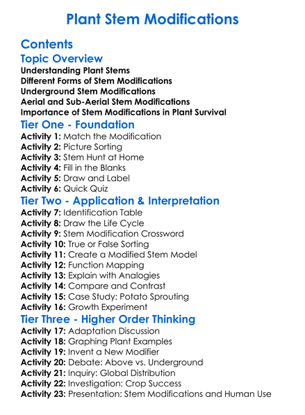 Plant Stem Modifications Worksheet Activity Booklet