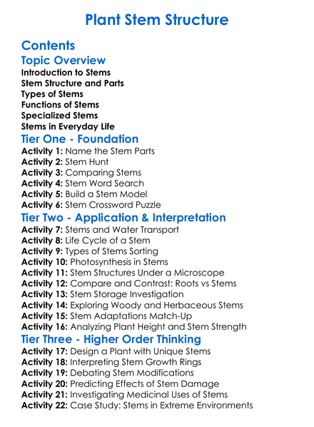 Plant Stem Structure Worksheet Activity Booklet