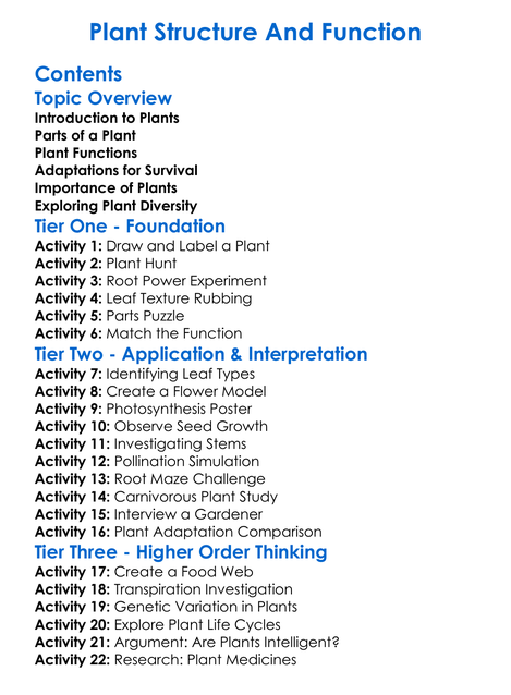 Plant Structure And Function Worksheet Activity Booklet