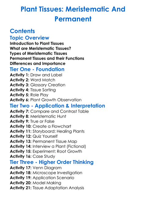 Plant Tissues Meristematic And Permanent Worksheet Activity Booklet