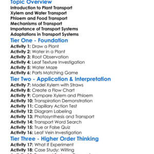 Plant Transport Systems Worksheet Activity Booklet