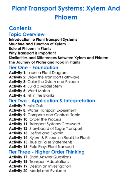 Plant Transport Systems Xylem And Phloem Worksheet Activity Booklet
