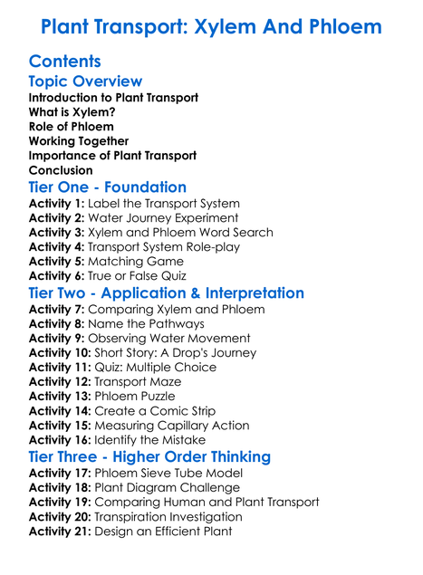 Plant Transport Xylem And Phloem Worksheet Activity Booklet