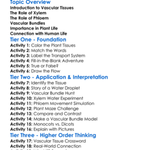 Plant Vascular Tissues Worksheet Activity Booklet