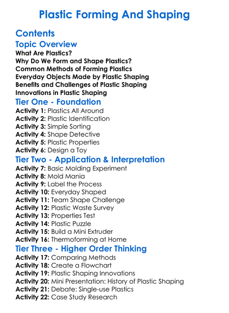 Plastic Forming And Shaping Worksheet Activity Booklet