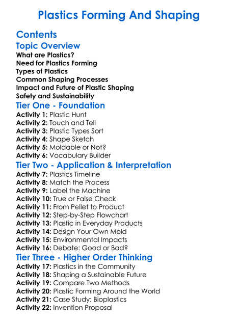 Plastics Forming And Shaping Worksheet Activity Booklet