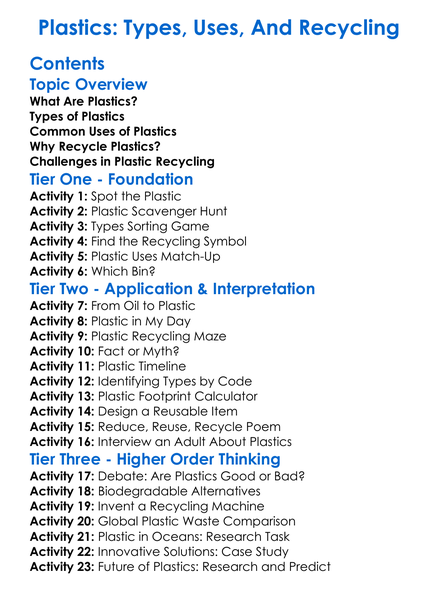 Plastics Types Uses And Recycling Worksheet Activity Booklet