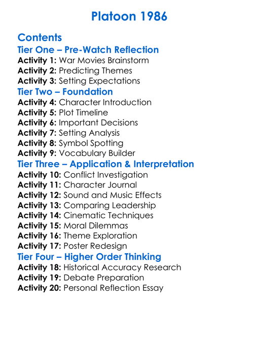 Platoon 1986 Worksheet Activity Booklet