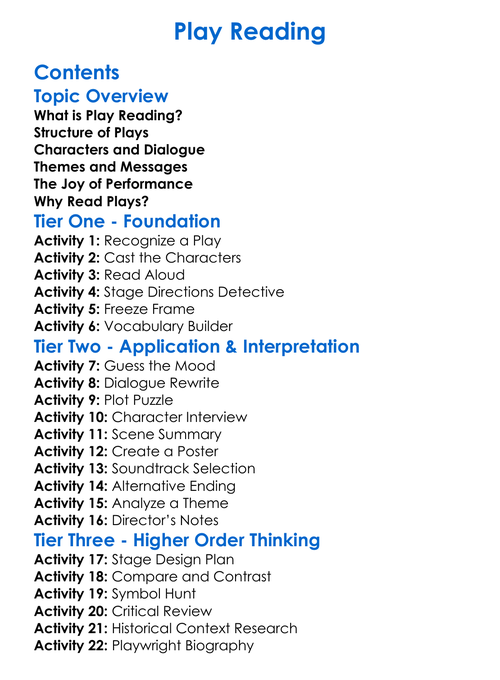 Play Reading Worksheet Activity Booklet