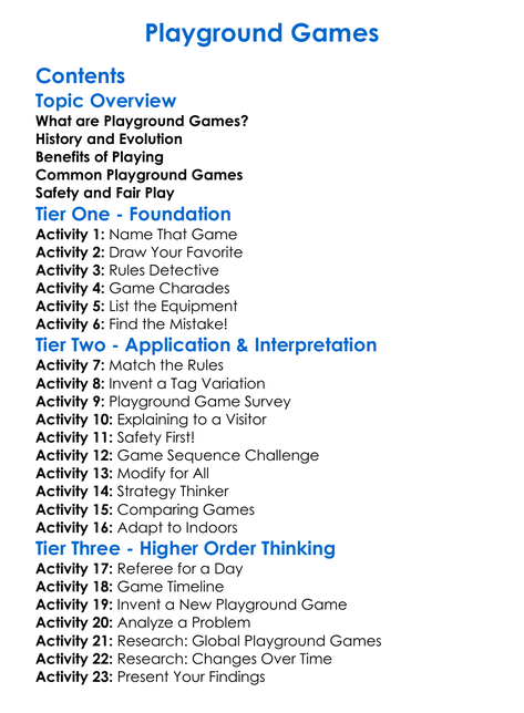 Playground Games Worksheet Activity Booklet
