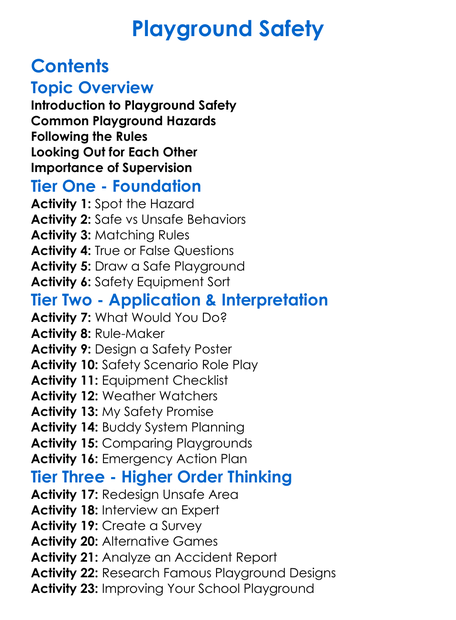 Playground Safety Worksheet Activity Booklet